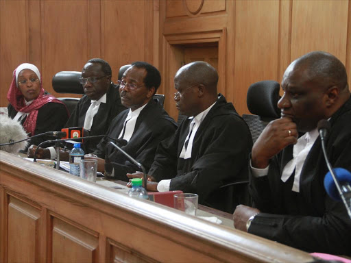 Court of Appeal Judges(L-R)Jamila Mohamed,William Ouko,GBM Kariuku,Patrick Kiange and James Odek when they dismissed parliamentary objection by JSC against appeal by Deputy Chief Justice Kalpana Rawal challenging her retirement. Photo/PHILIP KAMAKYA