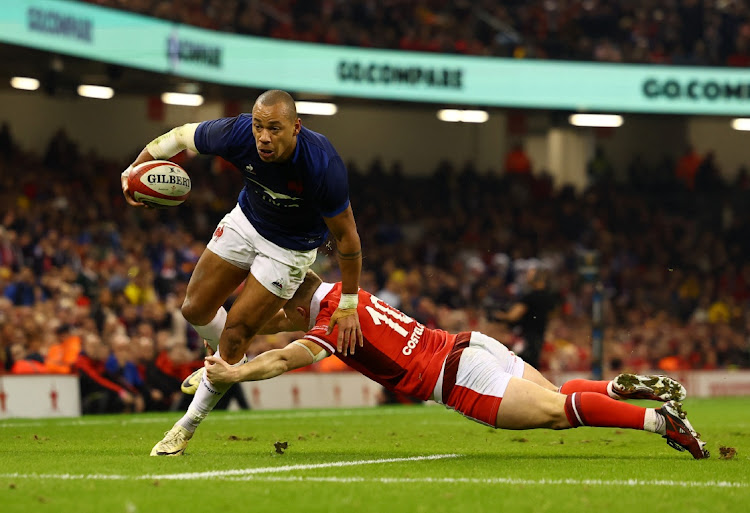 France's Gael Fickou scores their first try against Wales at Principality Stadium in Cardiff, Wales, March 10 2024. Picture: REUTERS/Molly Darlington