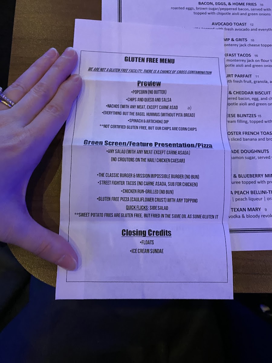 Star Cinema Grill gluten-free menu