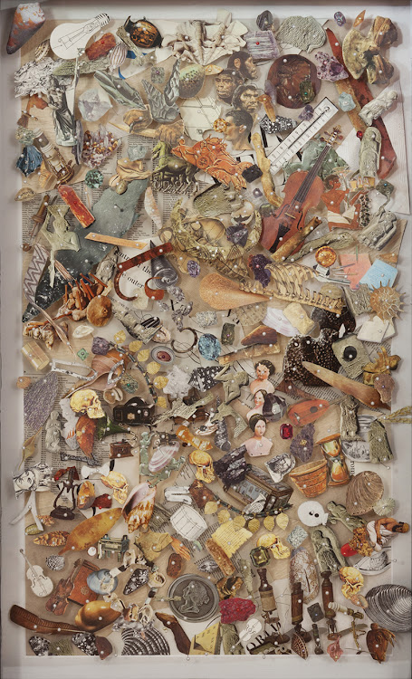 'Curiosity Cabinet II' (53.5x85.5cm) paper collage, pearl pins, 2017