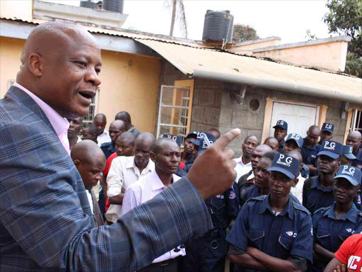 Kenya National Private security workers union Isaac Andabwa adresses striking workers of PG security firm at their headquarters in Westlands, Nairobi, October 7, 2015. /COLLINS KWEYU