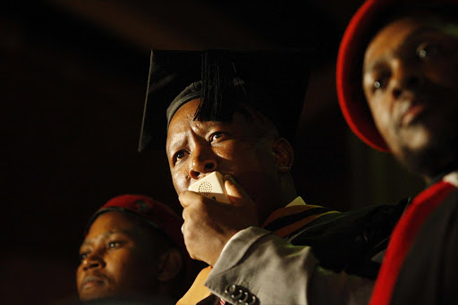 EFF leader Julius Malema speaks to UNISA employees in Pretoria after his graduation. The employees are fighting against outsourcing at the institution. Picture Credit: Vathiswa Ruselo