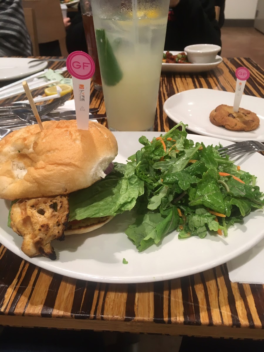 Gf chicken avocado sandwich and gf chocolate chip cookie