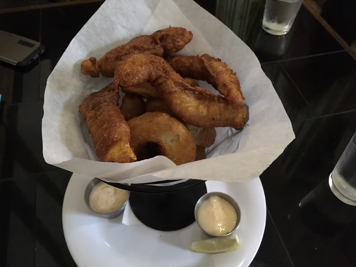 Battered calamari steaks and Onions rings