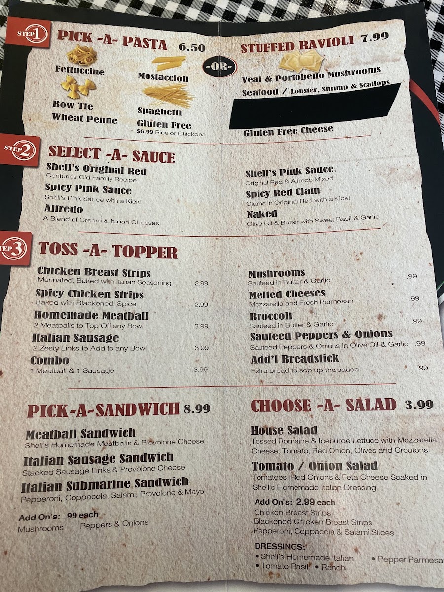 Shell's Pasta Emporium gluten-free menu