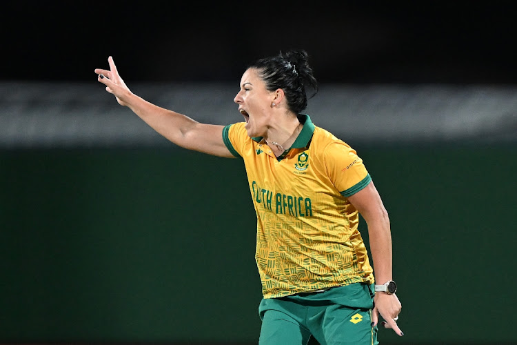 Marizanne Kapp appeals during game three of the Women's T20 International series against Australia at Blundstone Arena on January 30 2024 in Hobart, Australia.