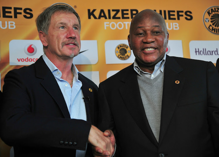 Stuart Baxter and Kaizer Motaung during the press conference at Naturena , Johannesburg on June 02 2015.