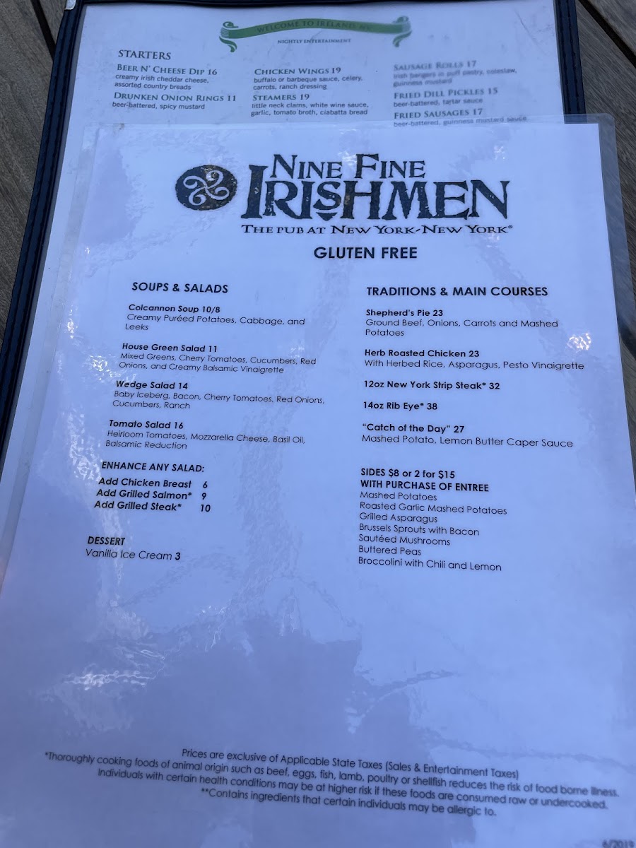 Nine Fine Irishmen gluten-free menu