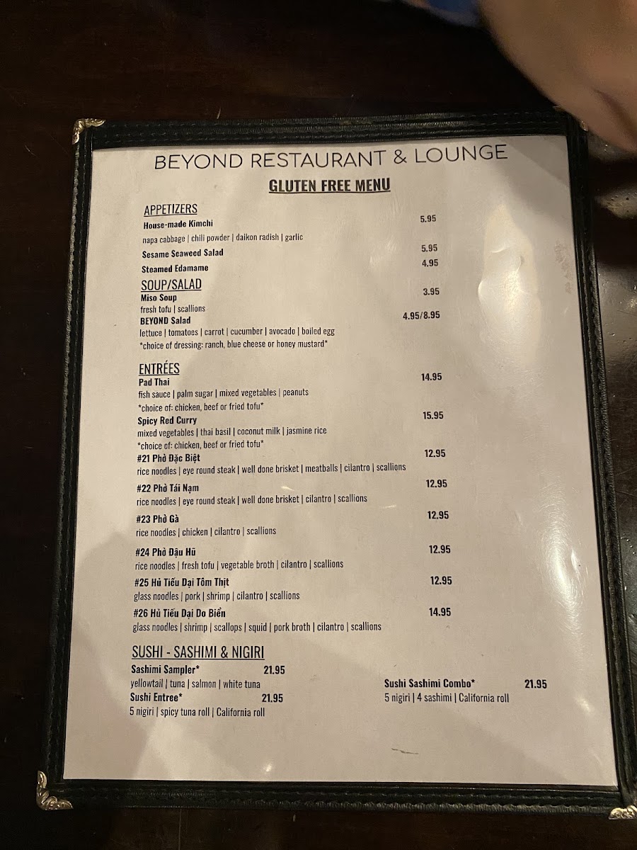 Beyond Restaurant & Lounge gluten-free menu