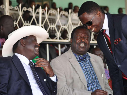 Cord chief Raila Odinga, ANC leader Musalia Mudavadi and Budalang’i MP Ababu Namwamba at Bukhungu Stadium last December 4 / SAMUEL SIMITI