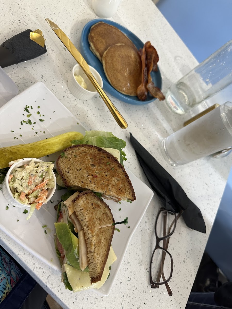 Kids flapjacks and turkey, havarti, avacado BLT on sourdough