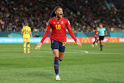Salma Paralluelo celebrates after scoring Spain's first goal  in their Women's World Cup semifinal against Sweden at Eden Park in Auckland, New Zealand on August 15 2023. 