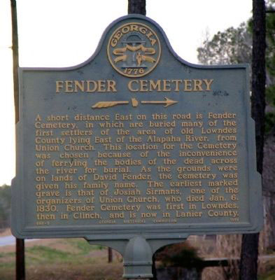 A short distance east on this road is Fender Cemetery, in which are buried many of the first settlers of the area of old Lowndes County lying East of the Alabama River, from Union church. This...