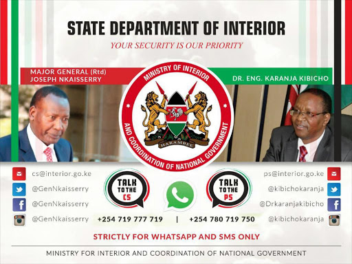 A screenshot of the social media accounts through which to reach Interior Cabinet Secretary Joseph Nkaissery and Principal Secretary Karanja Kibicho. Photo/COURTESY