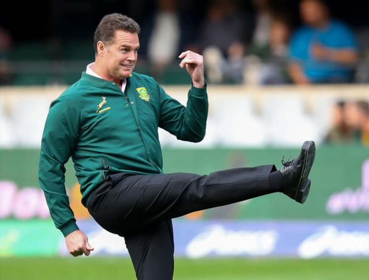 Springbok coach Rassie Erasmus dropping for goal in the warm up session during the Rugby Championship match between South Africa and Argentina at Jonsson Kings Park on August 18, 2018 in Durban, South Africa.