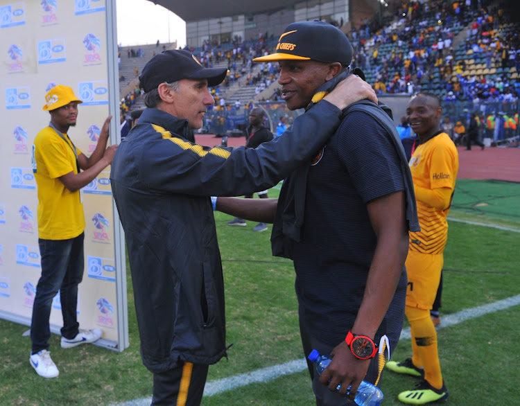 Giovanni Solinas coach of Kaizer Chiefs and Lebogang Manyama of Kaizer Chiefs during the MTN8 Semi Final first Leg match between Supersport United and Kaizer Chiefs on the 26 August 2018 at Lucas Moripe Stadium.