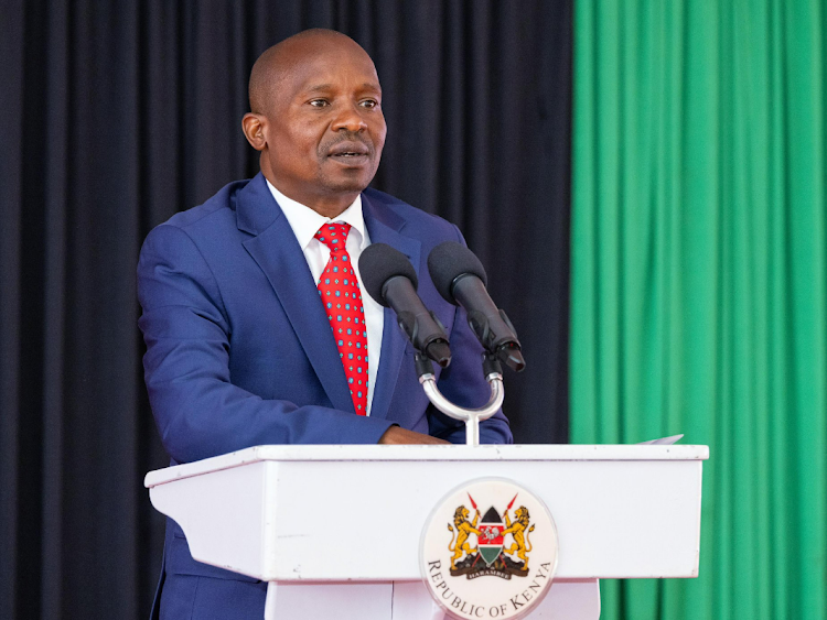 Interior Cabinet Secretary Kithure Kindiki speaks on ways to combat abuse of illicit alcohol and narcotic drugs in Karen, Nairobi, March 6, 2024.