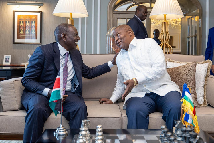 President WIlliam Ruto and his counterpart from Central African Republic Faustin-Archange Touadéra engaging in talks at the Habtoor Palace, Dubai, on February 12, 2024