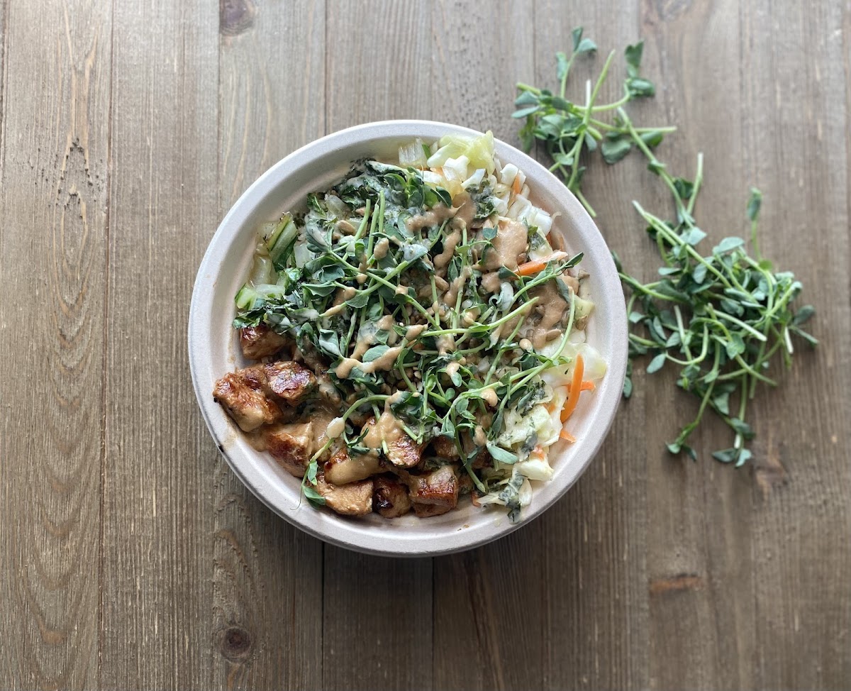 Spring Special! 
Crater Lake Bowl
Your choice of base with pickled carrot slaw, and ginger shoyu chicken. Made with tahini sauce and a splash of peanut sauce. Sunflower seeds and pea micro greens on top 😋