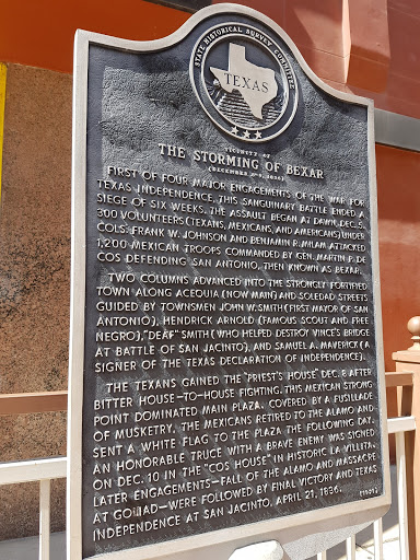   THE STORMING OF BEXAR   FIRST OF FOUR MAJOR ENGAGEMENTS OF THE WAR FOR  TEXAS INDEPENDENCE, THIS SANGUINARY BATTLE ENDED A  SIEGE OF SIX WEEKS. THE ASSAULT BEGAN AT DAWN, DEC. 5.  300 VOLUNTEERS...