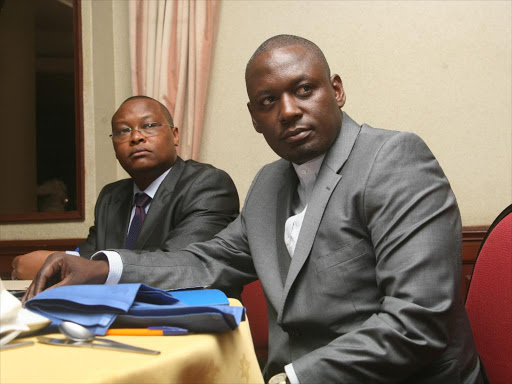 Transparency international director Samuel Kimeu and chairman of the Commission on Administrative Justice Otiende Amollo during the launch of the audit report of the kreigler report.Photo/HEZRON NJOROGE