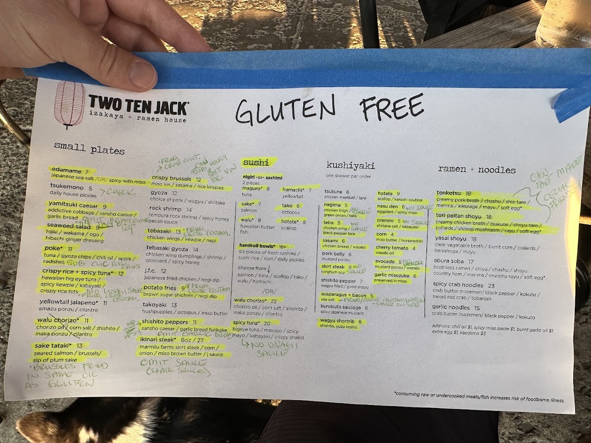 Two Ten Jack gluten-free menu