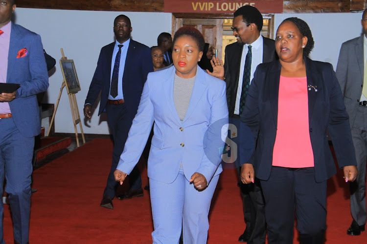 Health Cabinet Secretary Susan Nakhumicha and other leaders arriving at KICC for a meeting on health workers Strike on April 23, 2024.