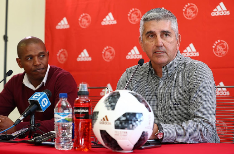 Ari Efstathiou, Chairman of Ajax Cape Town (r) and Shooz Mekutpo (l) addresses the media during the Ajax Cape Town press conference at Ajax Cape Town, Ikamva, Cape Town on 17 July 2018.