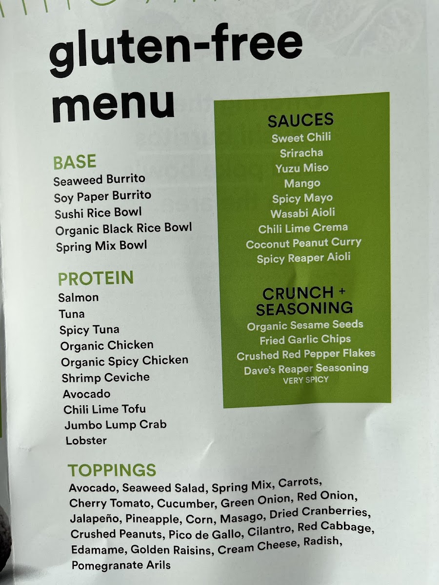 Chopfin gluten-free menu