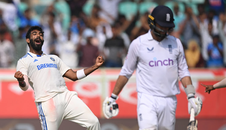 India bowler Jasprit Bumrah celebrates after taking the wicket of England batsman Ben Foakes during Test between India and England at ACA-VDCA Stadium on in Visakhapatnam, India, February 5 2024. Picture: STU FORESTER/GETTY IMAGES