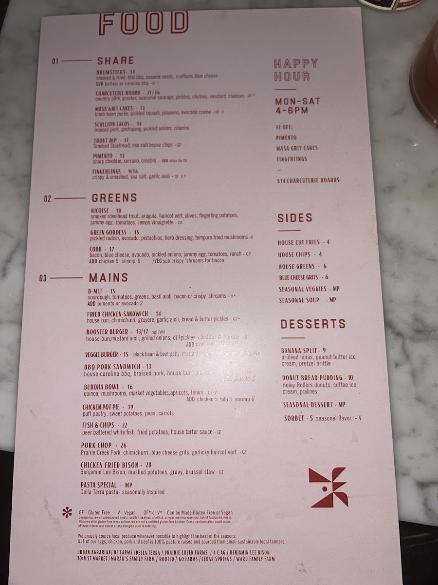 Red Rooster gluten-free menu