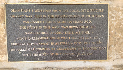 Grampians sandstone was used in the construction of some notable Victorian public buildings.  This plaque sits in the wall of the Halls Gap hall and was placed there on the centenary of the...