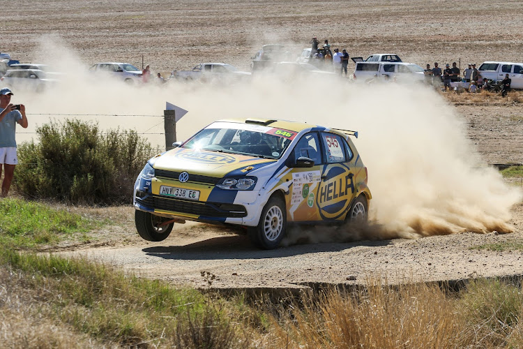 Neels Vosloo and Rikus Fourie attack a corner during the Cape Swartland Rally.