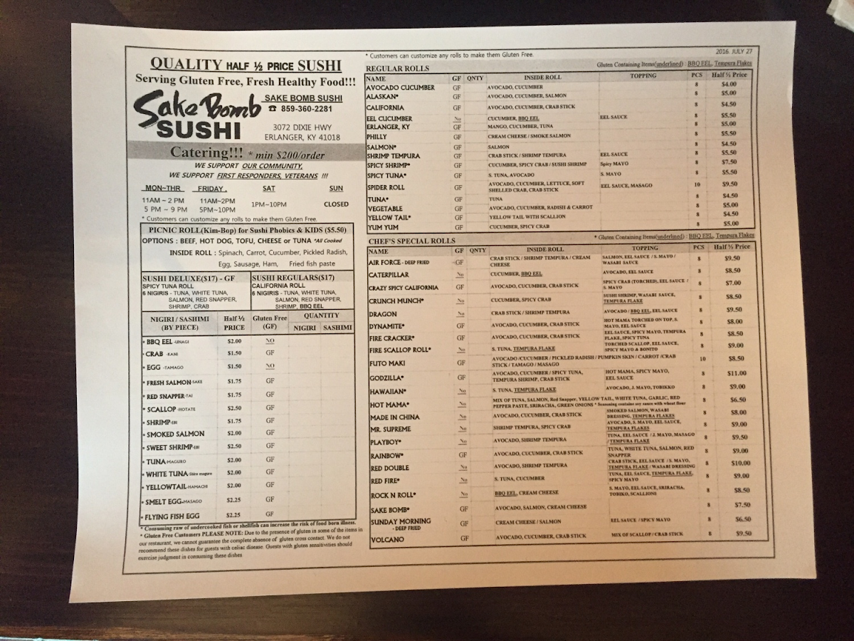 Sushi menu