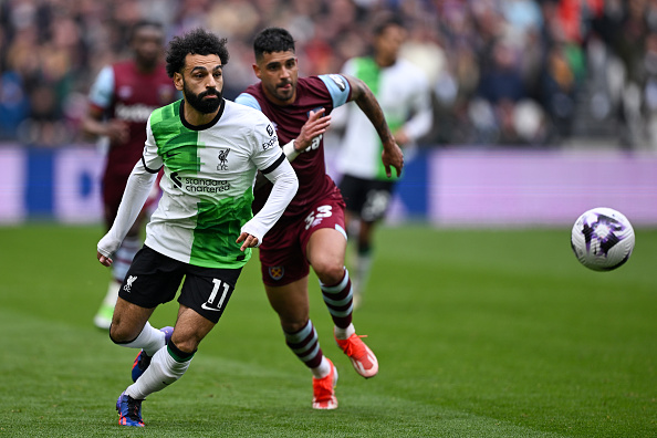 Liverpool forward Mohamed Salah in action during the Premier League match against West Ham United at the London Stadium.