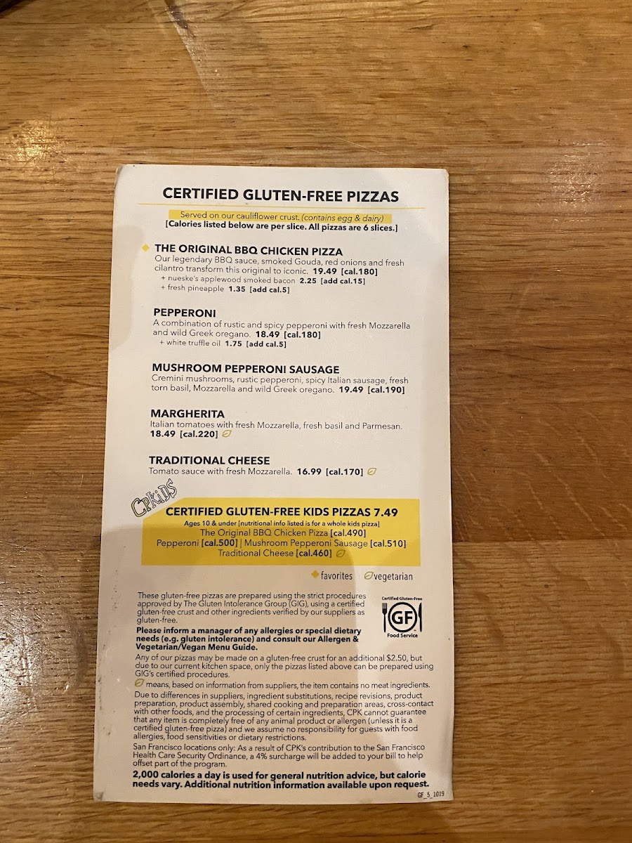 California Pizza Kitchen gluten-free menu