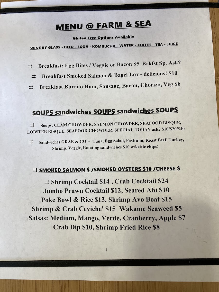 Farm & Sea gluten-free menu