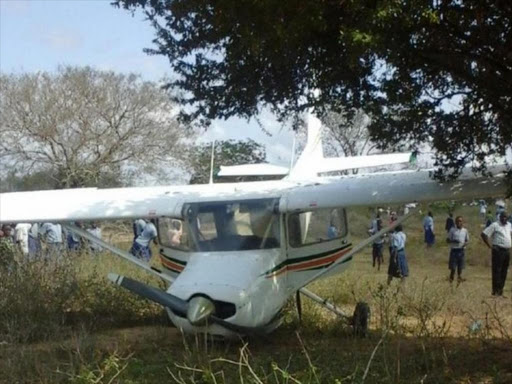 A file photo of the aircraft that crashed at Malanga Primary School in Kilifi county leaving two people injured, September 15, 2016.