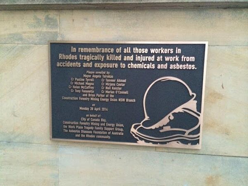 In remembrance of all those workers in Rhodes tragically killed and injured at work from accidents and exposure to chemicals and asbestos. [Location approximate] Submitted by kevintsien