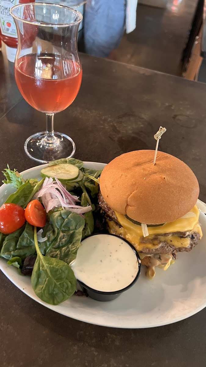 Burger on Rotella’s GF bun, side salad and cider