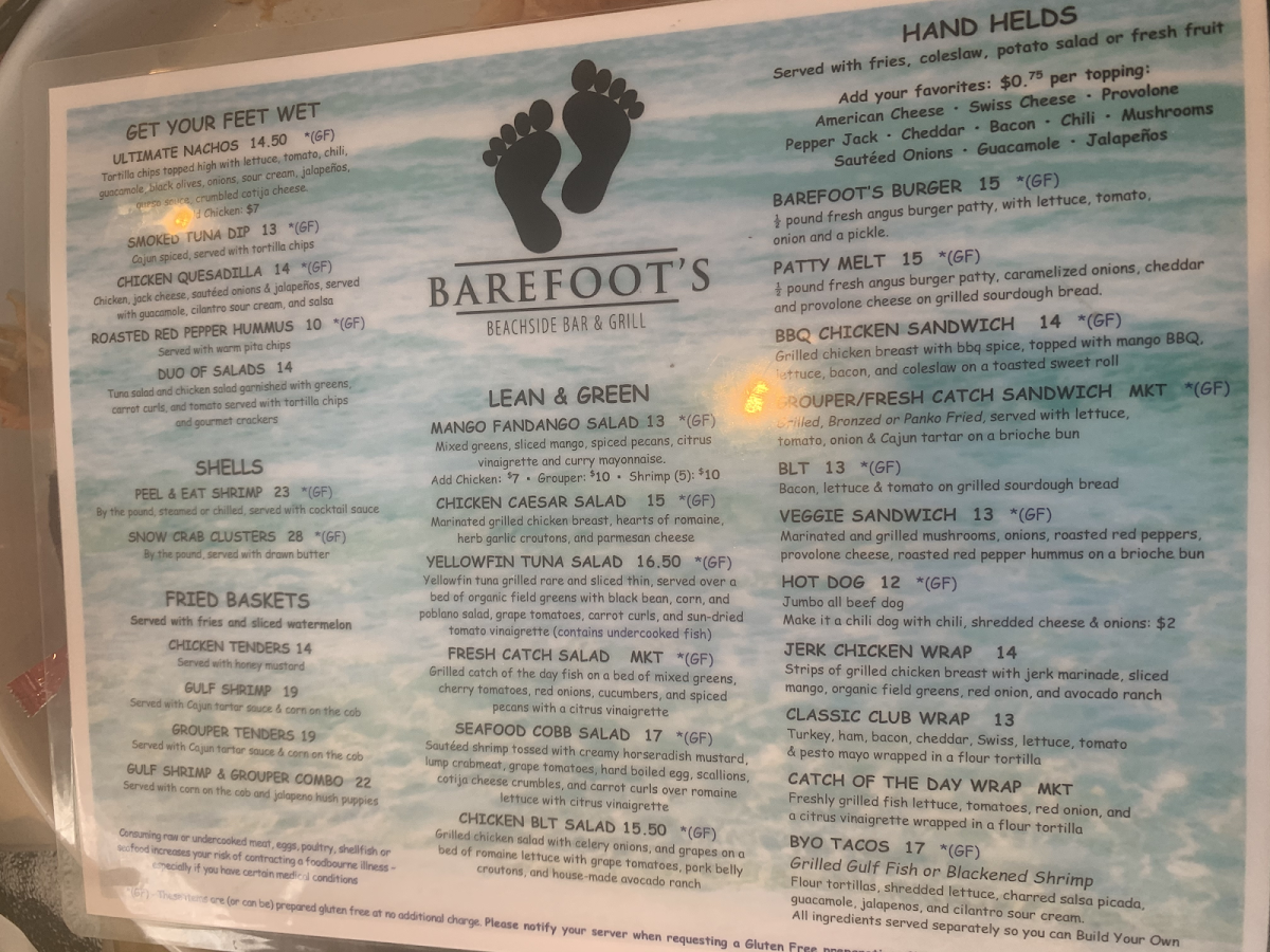 Barefoot's Beachside Bar & Grill gluten-free menu