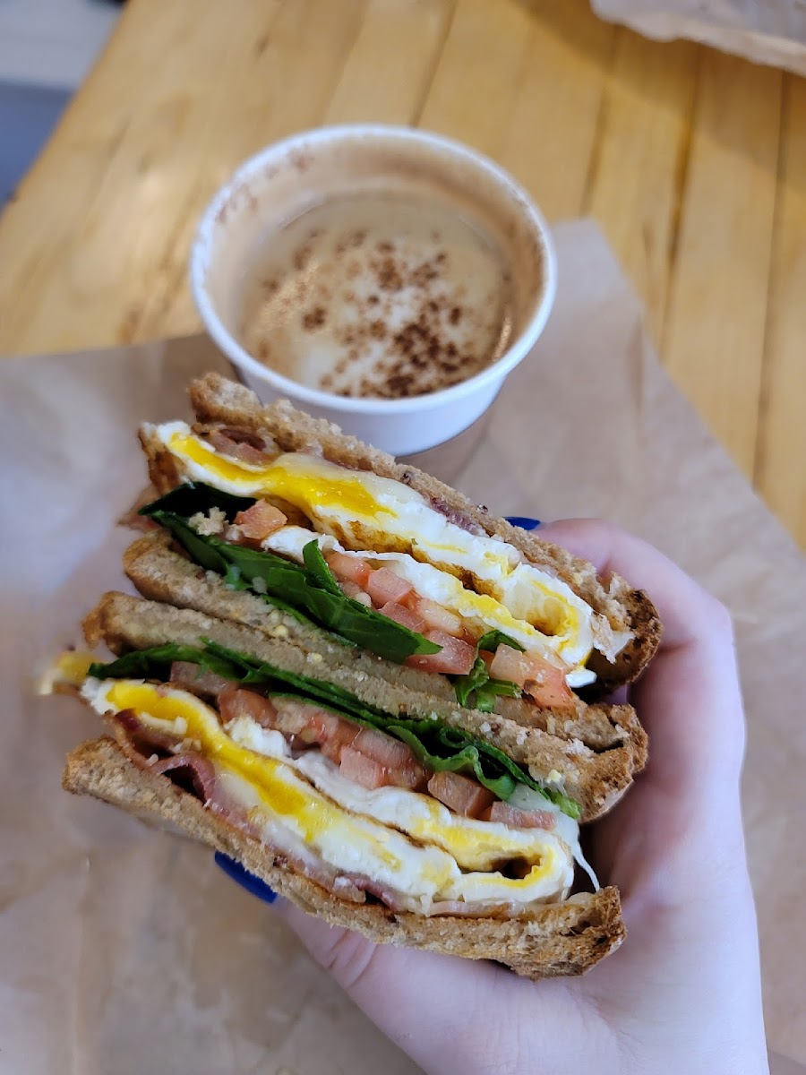 gf breakfast sandwich and latte