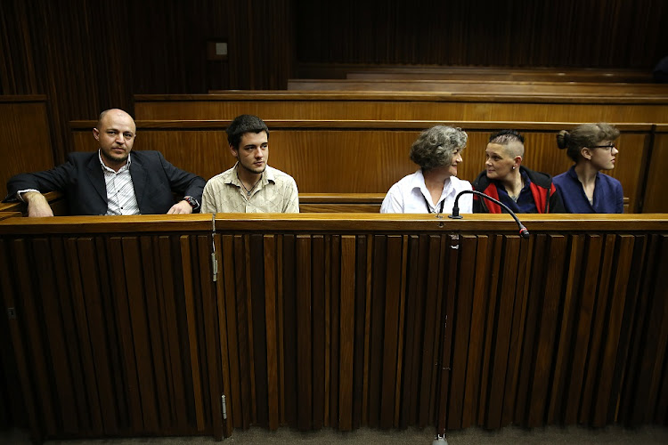 Zak Valentine, Le Roux Steyn, Marinda Steyn, Cecilia Steyn and Marcel Steyn. The alleged “Krugersdorp killers”‚ a group of six accused of carrying out 11 vicious murders‚ are seen in the High Court in Johannesburg, on April 16 2018.