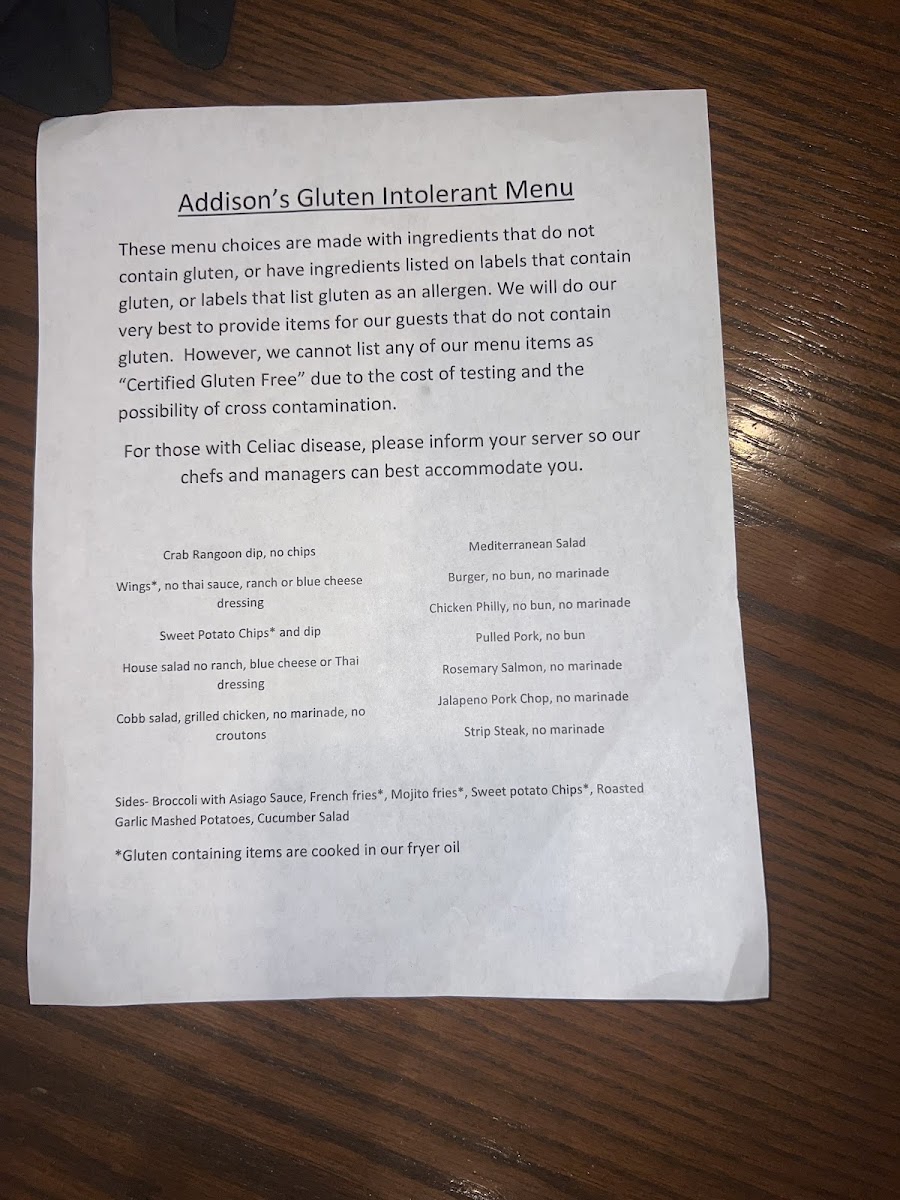 Addison's gluten-free menu
