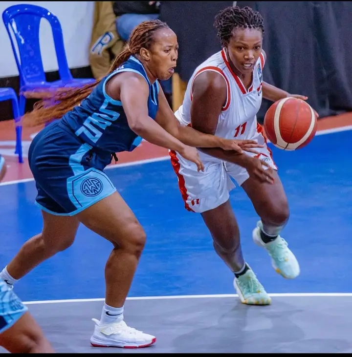 Hawks shooting guard Bett Kananu drives boast an opponent in the FIBA Zone Five championships in Kigali.