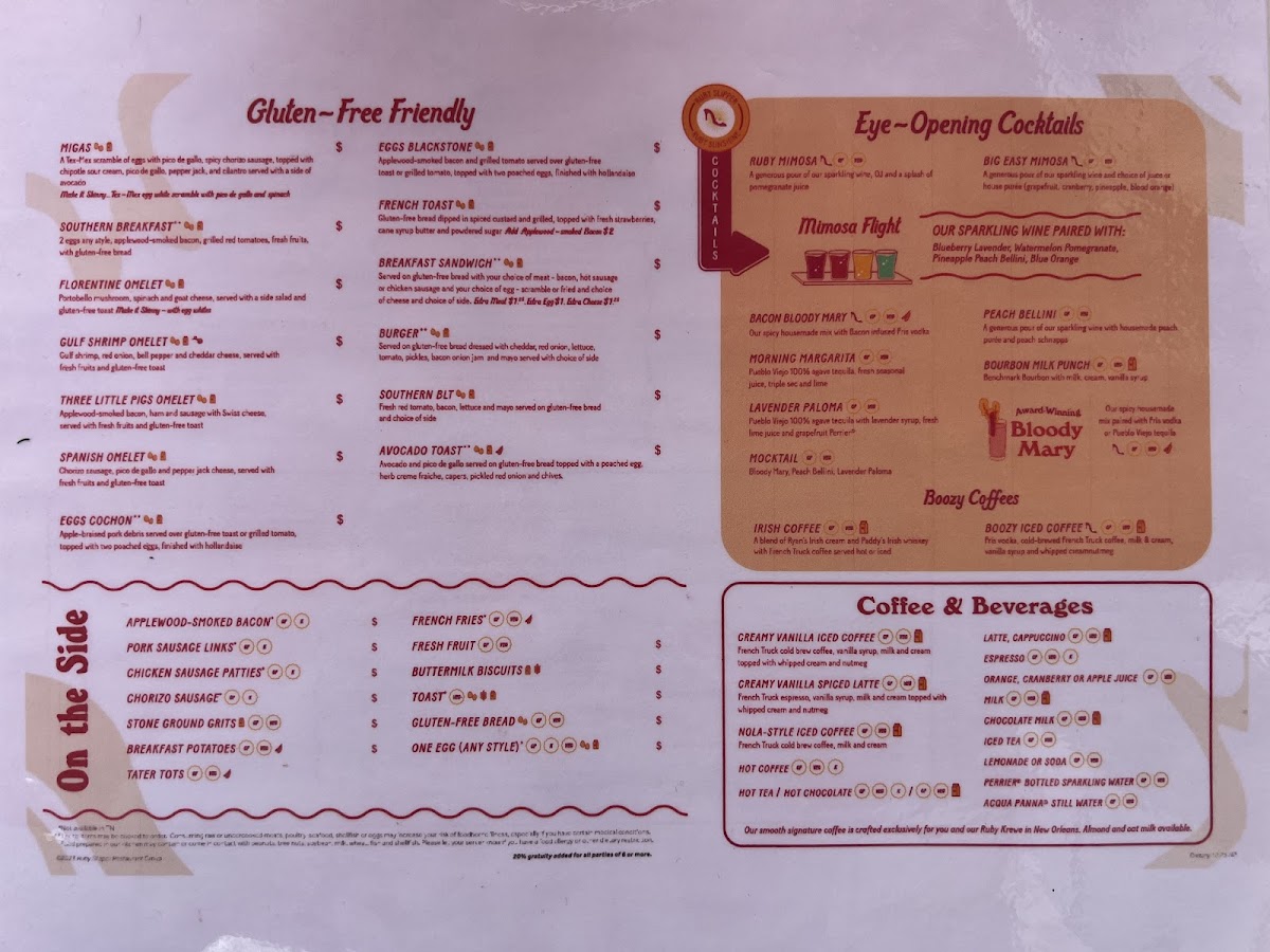 Ruby Sunshine gluten-free menu