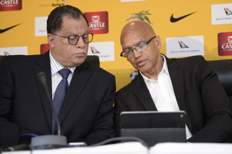 Dr Danny Jordaan (SAFA President) and Dennis Mumble (CEO of SAFA) during the Special Announcement by SAFA President, Dr Danny Jordaan at SAFA House on June 28, 2017 in Johannesburg, South Africa.