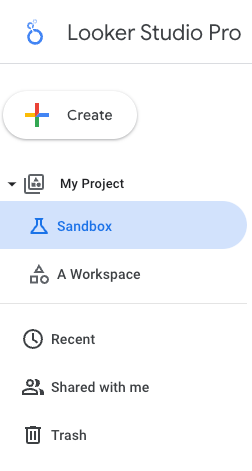 Looker Studio left navigation showing a Pro project named My project with a highlighted Sandbox. Owned by me is not available.
