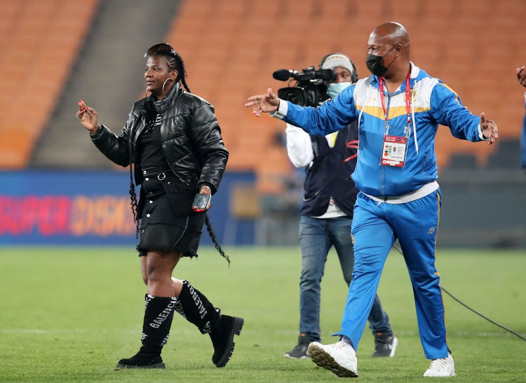 Royal AM owner Shauwn Mkhize celebrates victory after her charges humiliated Kaizer Chiefs in a DStv Premiership match at FNB Stadium on September 18, 2021 in Johannesburg, South Africa.