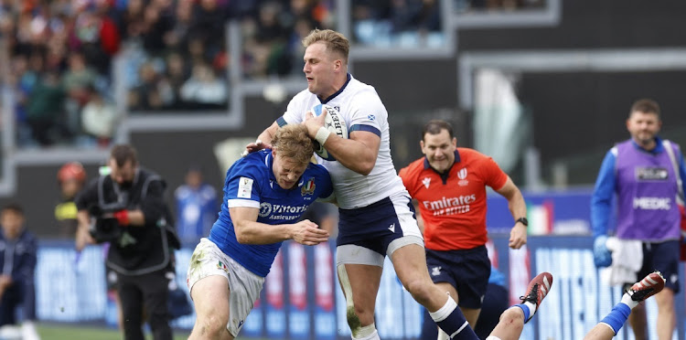 Scotland's Duhan van der Merwe and Italy's Louis Lynagh at Stadio Olimpico in Rome, Italy, March 9 2024. Picture: REUTERS/Remo Casilli